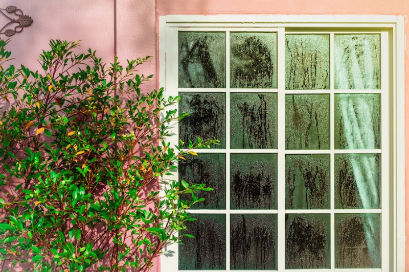 Don't Let Your Home Sweat It Out: A Rhode Island Guide to Humidity Control. Glass door with condensation and a tree, high humidity. Texture of water on a glass. Phenomenon of nature and exterior concept.
